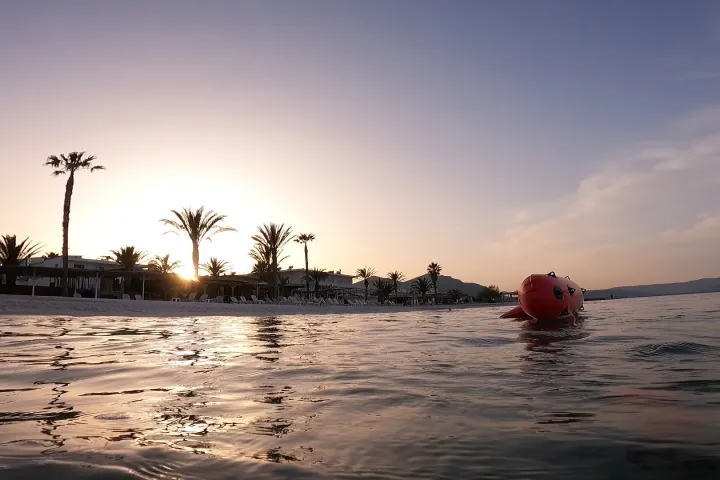 Scuba diving during sunset.