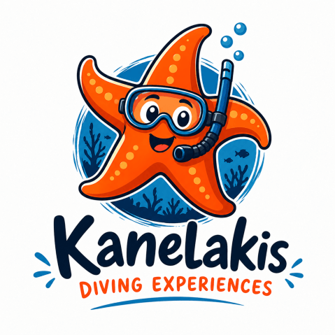 Cartoon starfish with snorkel and goggles, with text 'Kanelakis Diving Experiences' below.